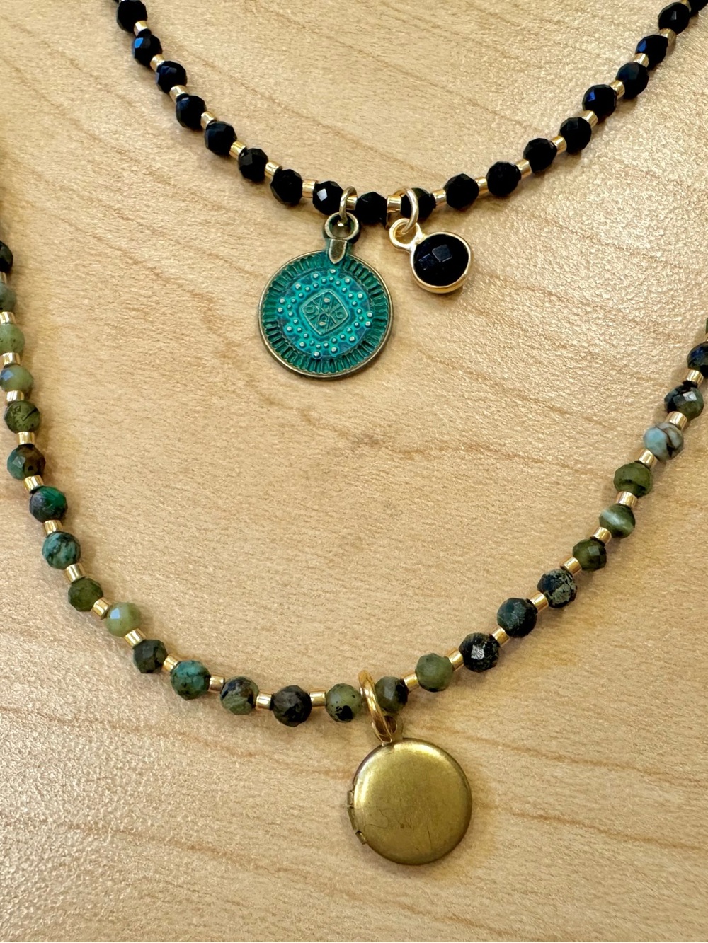 Two-Layer BC Jade & Spinel Necklace w/ Brass & Onyx 14KT Gold Plated Charms